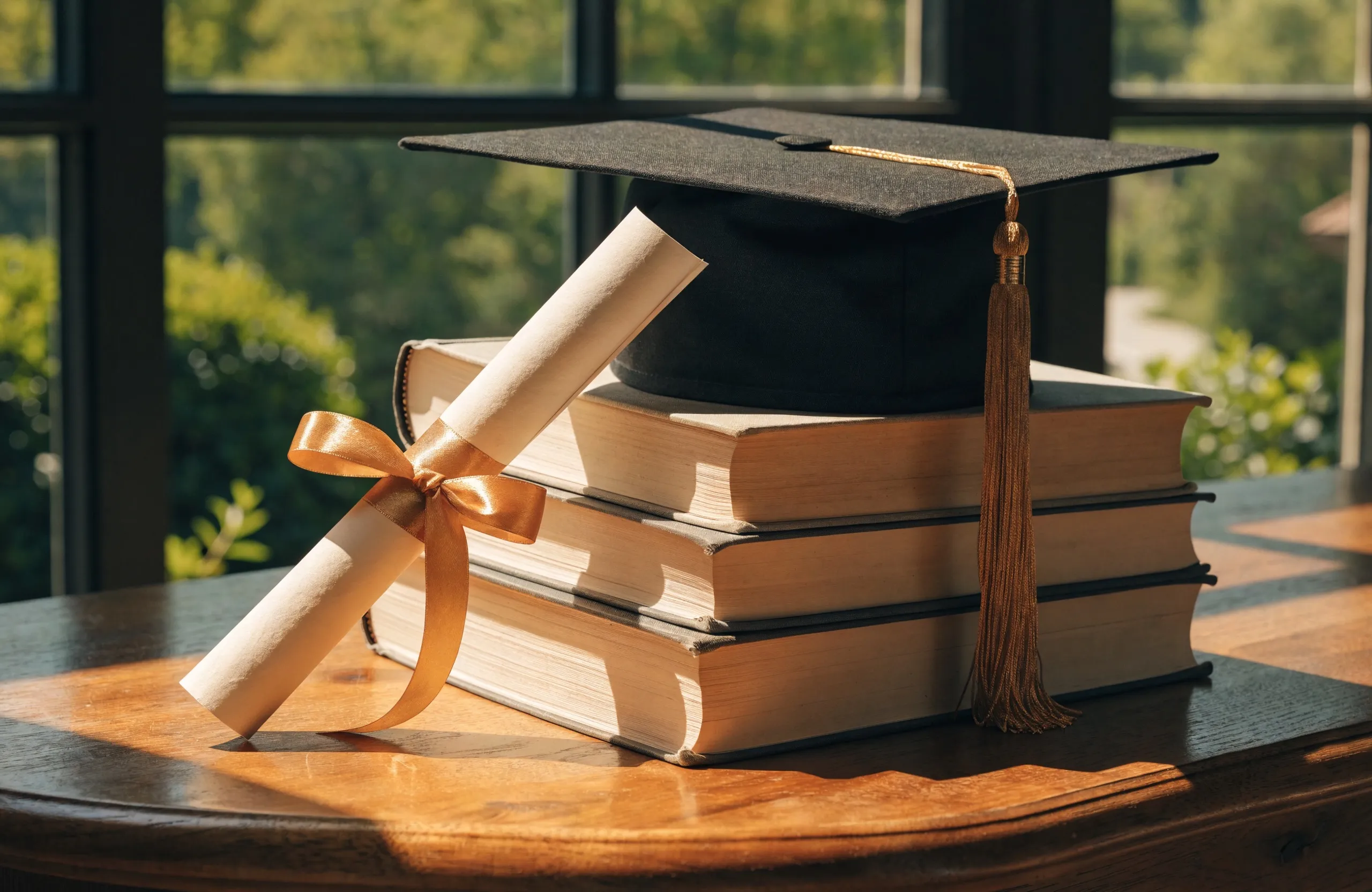 A graduation cap with a gold tassel resting on a stack of hardcover books beside a rolled diploma, in warm window light
