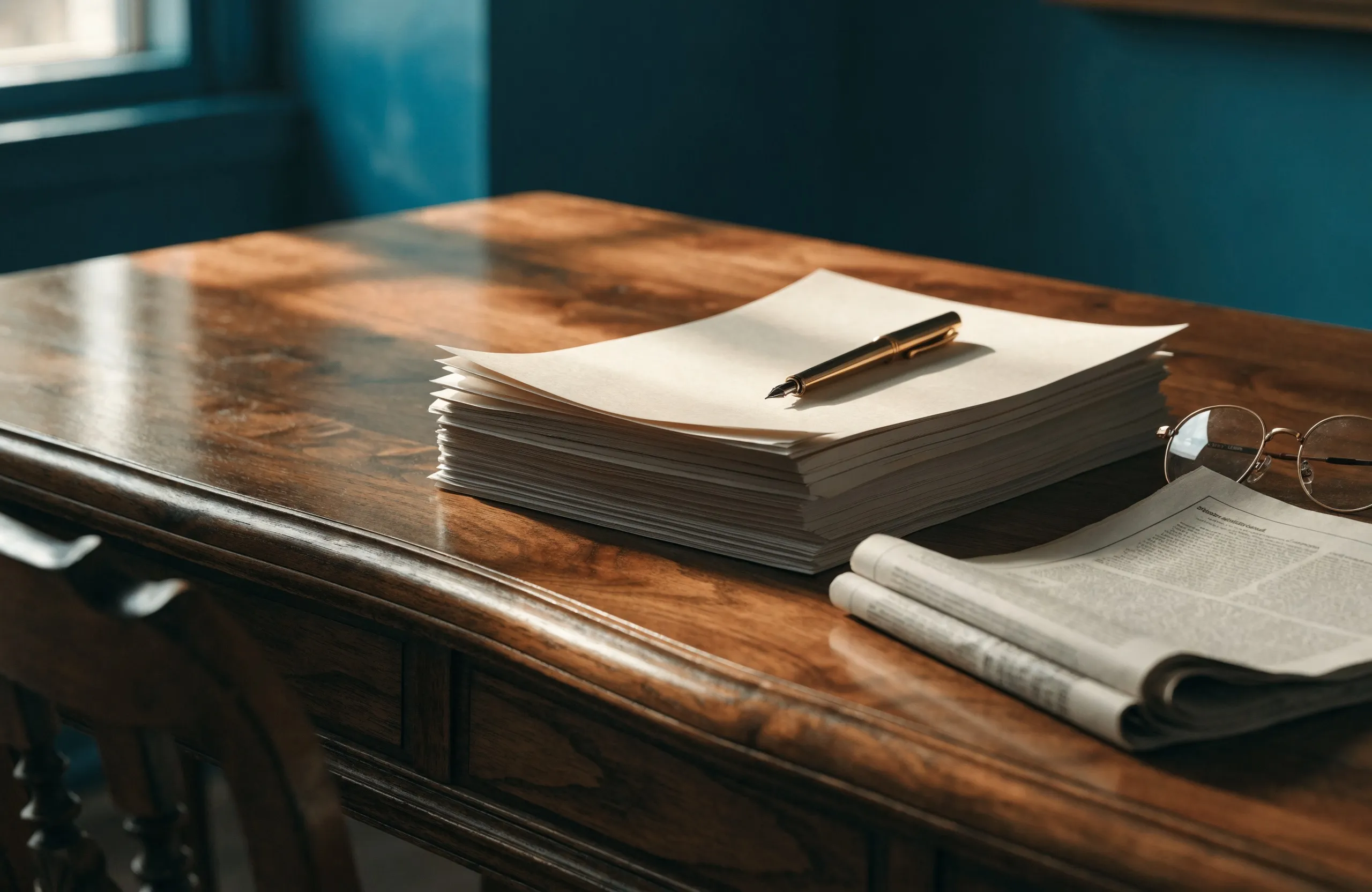 Still life of papers, a folded newspaper, a brass fountain pen, and reading glasses on a walnut desk